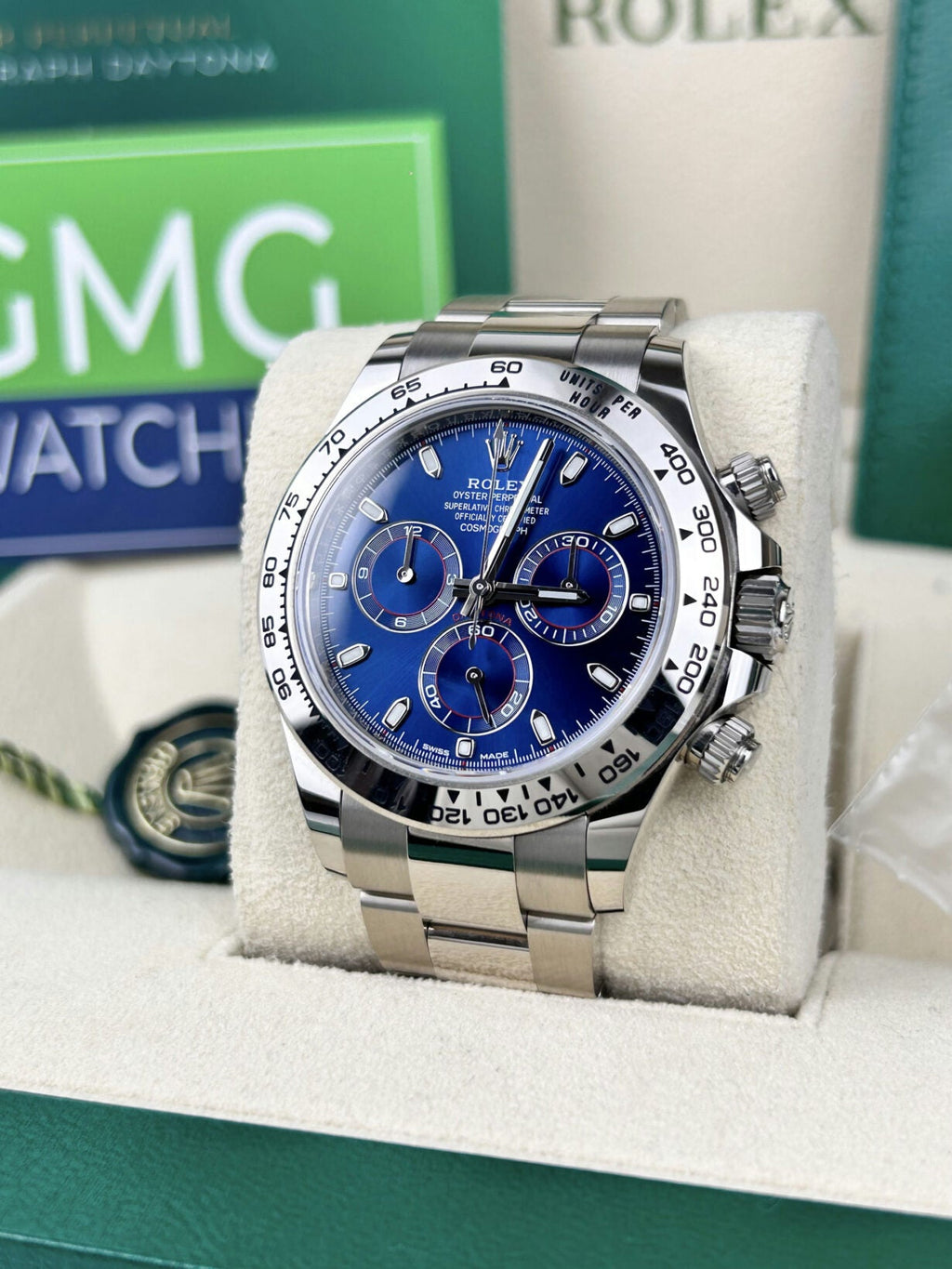 Rolex Daytona –  White Gold Blue Baton Dial –