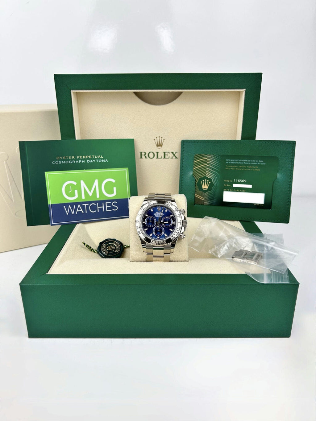 Rolex Daytona –  White Gold Blue Baton Dial –