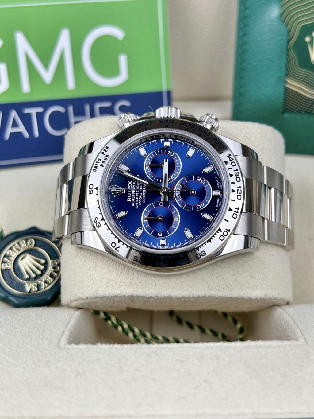 Rolex Daytona –  White Gold Blue Baton Dial –