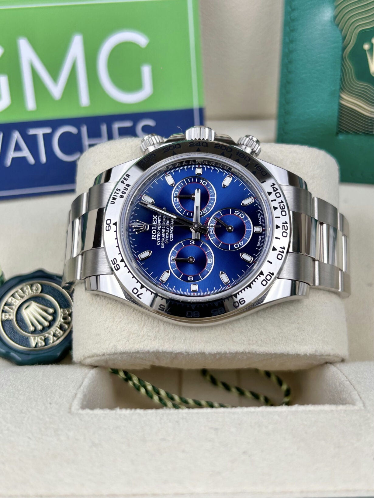 Rolex Daytona –  White Gold Blue Baton Dial –