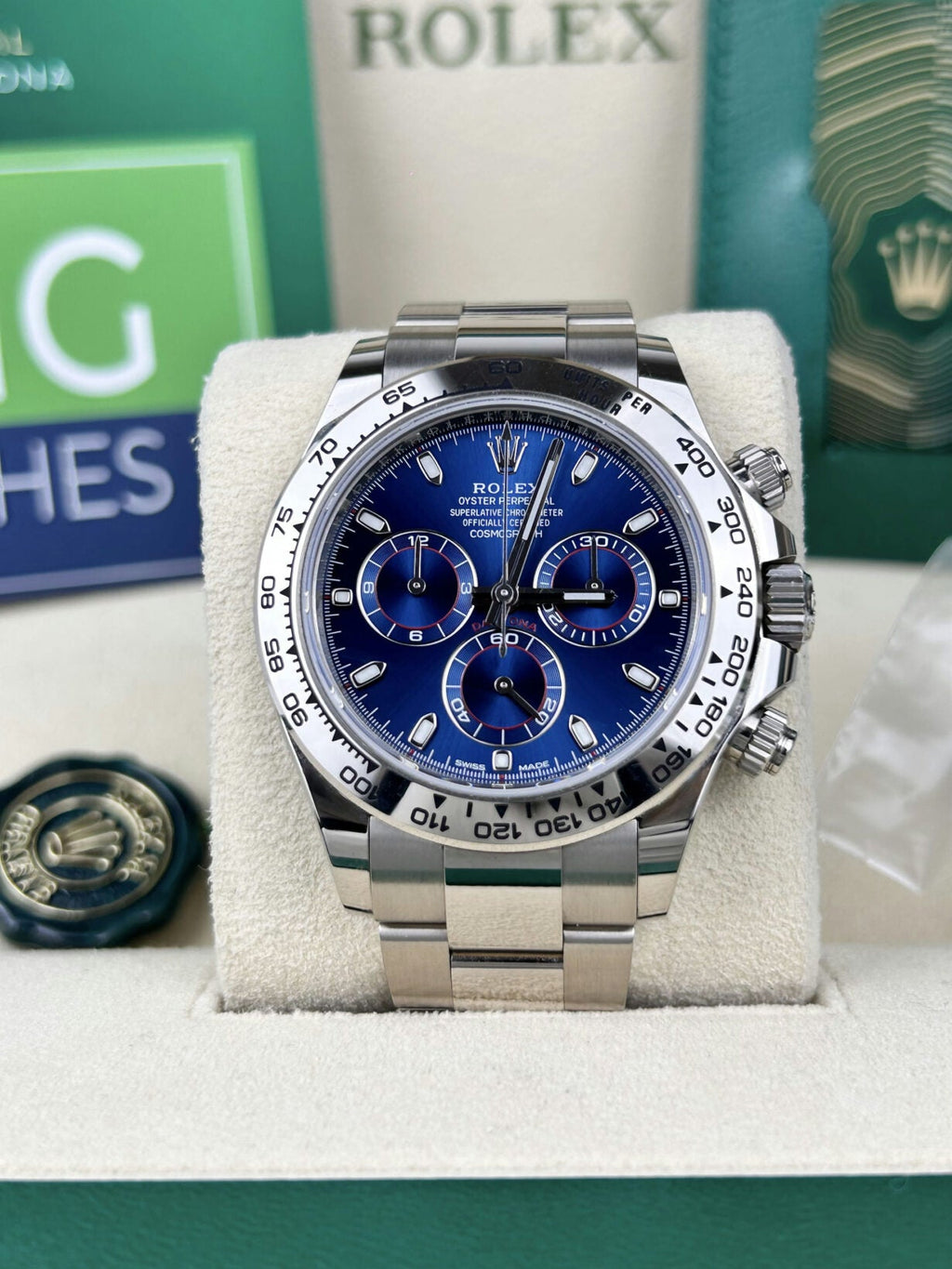 Rolex Daytona –  White Gold Blue Baton Dial –
