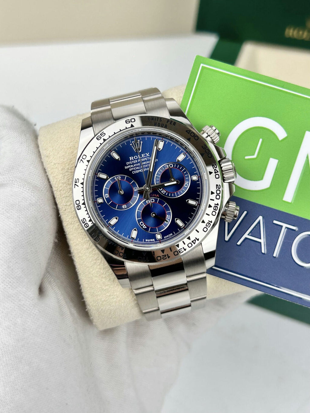 Rolex Daytona –  White Gold Blue Baton Dial –